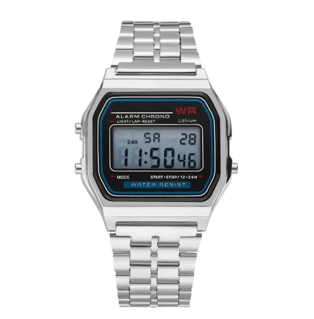 Digital Watch, Silver Stainless Steel, Water Resistant LCD Display, Electronic Alarm Chronograph, 24H Time Format-picture-16