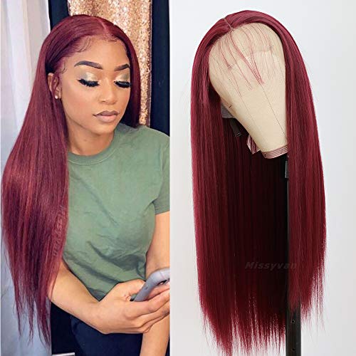 Missyvan Burgundy Hair Color Lace Front Wig Long Straight Hair Wigs Glueless Heat