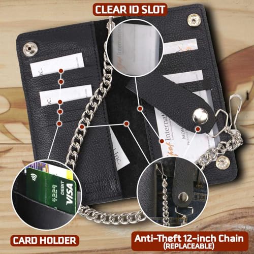 Image of Milwaukee Leather MLW7889 Men's 7.5 inch Black Premium Leather Soft Biker Wallet - Bi-Fold Anti-Theft Stainless Steel Chain