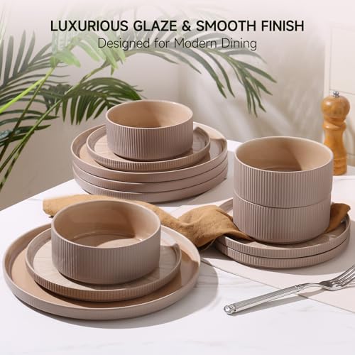 Image of Dinnerware Sets for 6, Ceramic Plates and Bowls Set 18 Piece Dinnerware Chip Resistant Stoneware, Dishwasher and Microwave Safe-Brown