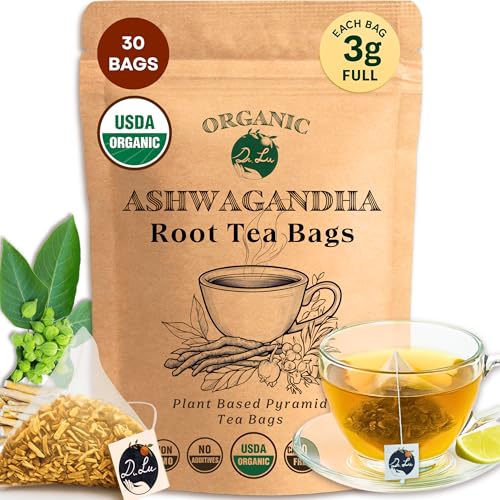 Dr. Lu’s Organic Ashwagandha Tea | Wild-Harvested Ashwagandha Root from India’s Ayurvedic Regions | Caffeine-Free Herbal Tea | 30 x 3g Corn Fiber Pyramid Tea Bags (No Plastic, No Nylon)