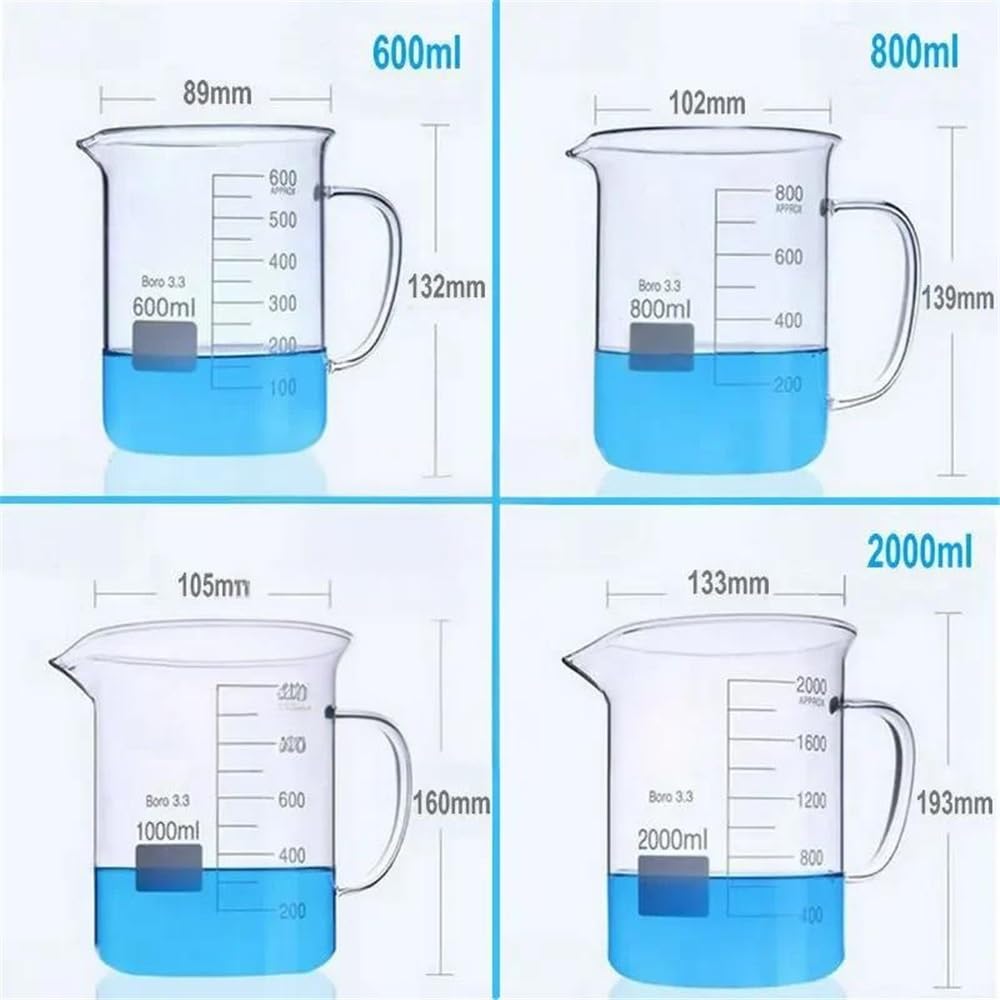 Cristalería de Laboratorio Vaso de precipitados de vidrio de 3,3 ml con asa, de 50 ml a 2000 ml, graduado, 1 unidad(2000ml)