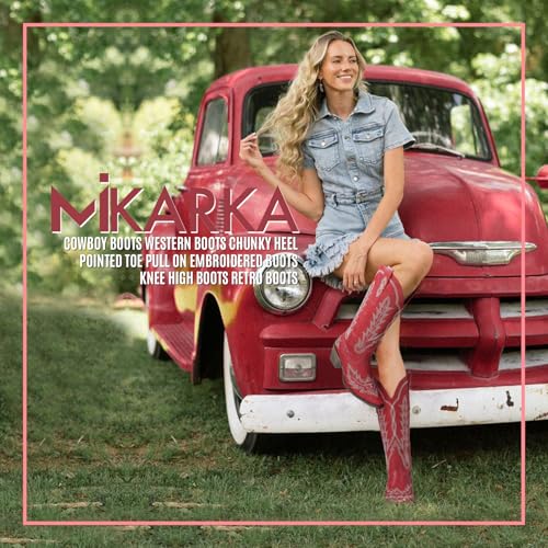 mikarka Cowboy Boots for Women Cowgirl Boots Knee High Western Boots w/Classic Embroidered Pointed Toe Slip-On Chunky Heel Pull On Retro Fashion Tall Long Boot for Ladies2