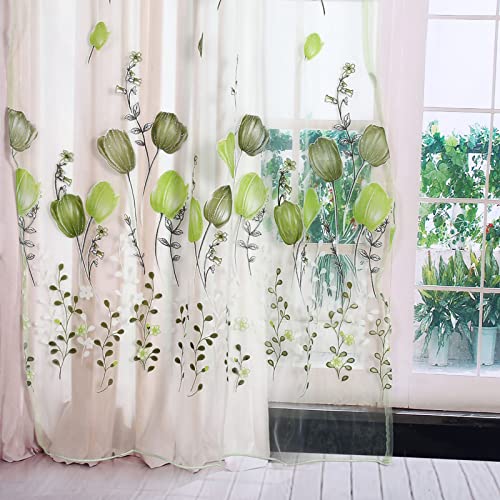 Bamjour Cortinas de Tul con Estampado de Tulipanes de 100x200 Cm, Cortinas Transparentes para Decoración de Ventanas de Balcón con Diseño Floral Colorido (Green)