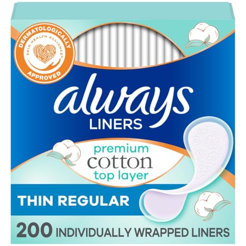 Always Premium Cotton Panty Liners for Women, Individually Wrapped Pantiliners, Unscented, Fragrance Free, Made with a Premium Cotton Top Layer, Regular Absorbency, 200 Count Always Premium Cotton Panty Liners for Women, Individually Wrapped Pantiliners, Unscented, Fragrance Free, Made with a Premium Cotton Top Layer, Regular Absorbency, 200 Count