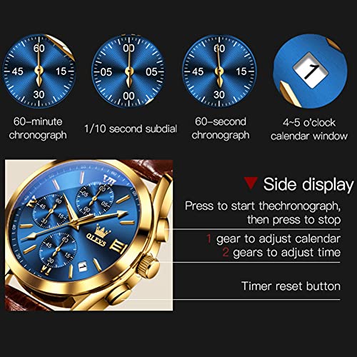 Olevs Leather Watch For Men Dress Watch Mens Brown Watches Blue Dial Watch Waterproof Date Analog Quartz Men's Wrist Watches Luxury Gold Tone Steel Mens Watches Leather Band Water Resistant #TOP5