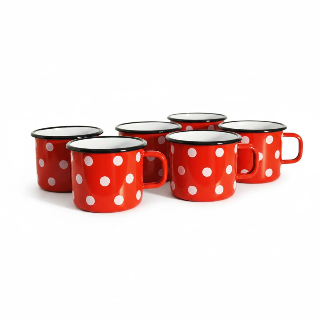 Surtido de 6 Tazas de Metal esmaltado - Rojas con Puntos - 500 ml