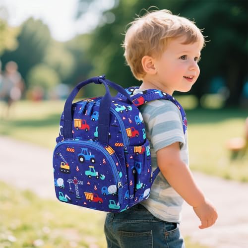 Image of Bluboon Toddler Backpack for Girls Boys 2-4 Cute 12 inch Preschool Kindergarten Backpacks Kids Daycare Bags School Travel (Engineering vehicle - Royal blue, Age 2-4 (12 inch H not Fit A4 Folder))