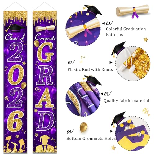 Image of Graduation Decorations Class of 2026 Purple and Gold Congrats Grad Banner and You Did It Door Cover for High School College Graduation Party Supplies(Purple)