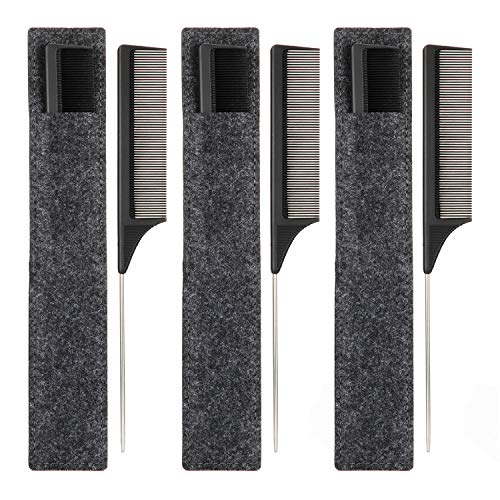 3 Pack Rat Tail Comb Black Carbon Fiber and Stainless Steel Pintail Heat Resistant Up to 230℃, Anti-Static Metal Pintail Comb With Non-skid Paddle for Hair Styling Tools