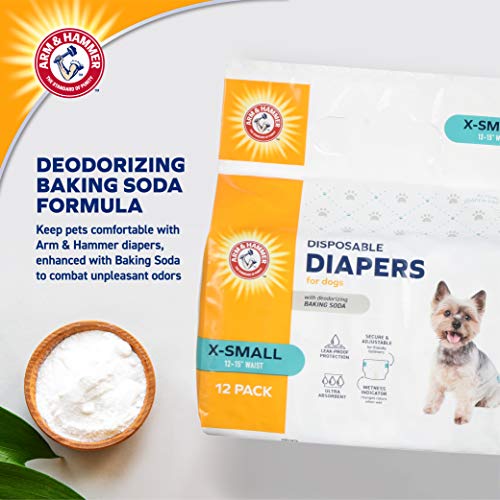 Image of Arm & Hammer for Pets Disposable Female Dog Diapers with Odor Control and Wetness Indicator, Leak Resistant Dog Diapers for Incontinence and Heat Cycles, Size X-Small 12-15 in Waist, 12 Count