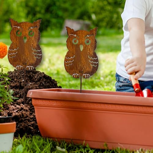ZIJANG Eulen Gartenstecker 2 Stück, Rostoptik Deko-Figuren aus Metall für...