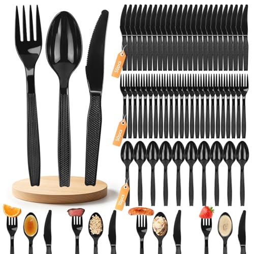 AUAUY 110 PCS Couverts en Plastique Reutilisable, 50 fourchettes, 10 Cuillères et 50 Couverts de Table, Noir Couvert Parfaits pour Fêtes d'Anniversaire,...