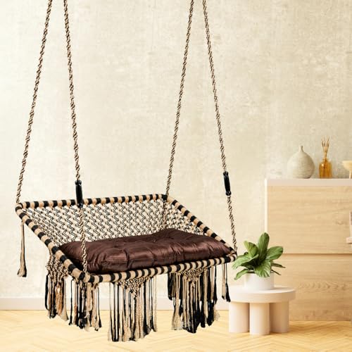 Image of Patiofy Premium Large Double Seater Swing Hanging Hammock Swing Chair for 2 People /Jhula for Adults / 2 Seater Swing for Balcony /Includes Free Hanging Kit & Cushion (Brown-Golden)