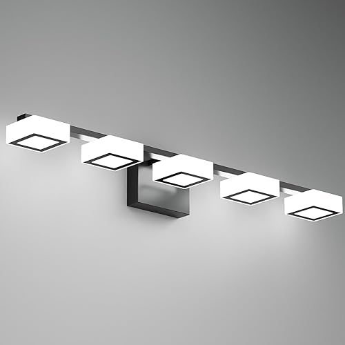 Miniatura 13 de MYTH REALM Lámparas LED modernas para baño sobre el espejo, 4 luces regulables de tocador, luz acrílica negra mate, ajustable de 2700 K-6500 K,