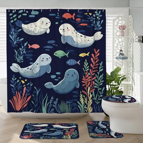 DESIHOM 4PCS Kids Cartoon Seal Shower Curtain Sets with Non-Slip Rug, U Shape and Toilet Lid Cover Mat, Ocean Fun Sealife Home Decor, Bathroom Accessory with 12 Hooks