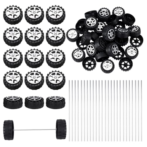 Image of OLYCRAFT 100Pcs Plastic Project Wheels 42x18.5mm Shaft Round Rod Axles 2mm Dia STEM Shaft Plastic Wheels and Steel Axles for DIY Projects Car Truck Boat Model Part Building Projects