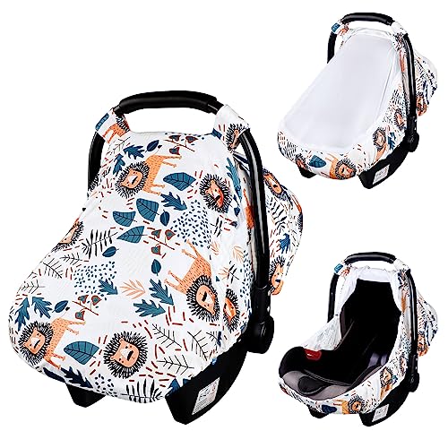 Image of SWESEN Car Seat Covers for Babies, Lion Baby Car Seat Cover with Zipper Mesh, Carseat Cover Boy, Stretchy Infant Carseat Canopy, Animal