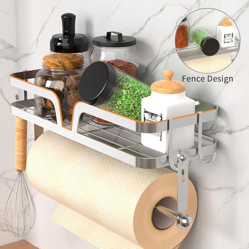 Image of Taozun Paper Towel Holder with Shelf, Kitchen Paper Holder Wall Mount Spice Rack Paper Towel Roll Holder with 4 Hooks (2 Installation Methods - Self-Adhesive and Drilling), Silver