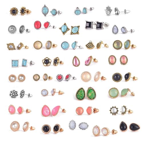 36 Pairs Boho Stud Earrings Set for Women Hypoallergenic Vintage Earrings Pack Fashion Opal Turquoise Studs