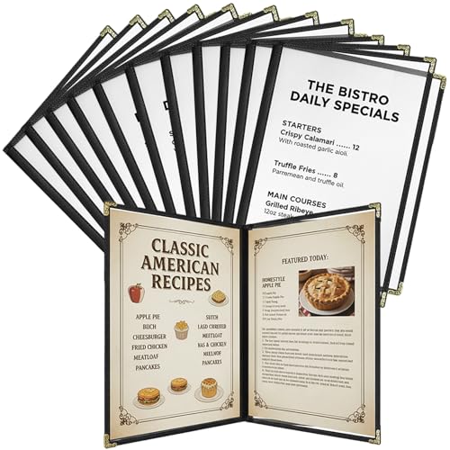 Restaurant Menu Covers 8.5 x 11 – Black Faux Leather Menu Holder with Gold Corners, 2 Pages 4 Views, Waterproof Menu Covers for Restaurants, Cafes & Bars