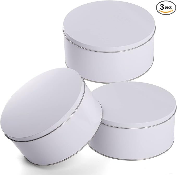 Yopay 3 Pack Cookie Tin with Lid, Round Sturdy Gift Tin, White Baking Cake Container for Storing Patisseries, Snack, Chocolate, Easter, Special Occasion, Holidays, 7" Wide by 3.2" Tall