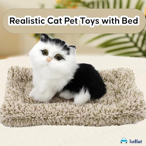 Image of FunBlast Cute Cat Plush Toy with Meow Sound, Toy Accessories for Car Dashboard & Home Decor, Realistic Cat Pet Toys with Bed, Gift for Kids (Black+White)