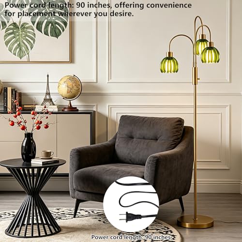 Image of 3-Light Glass Floor Lamp, 70 inch Gold Dimmable Standing Tall Lamp with Green Glass Shades &3PCS 3000K Warm White Bulbs for Wedding /Party, Modern Tree Pole Lamp for Living Room Bedroom Home Office Corner