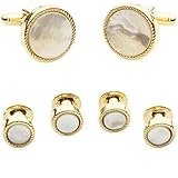 Cuff-Daddy Mother of Pearl Cufflinks and Studs Tuxedo Gold Cufflinks Round Ribbed Tuxedo Formal Set with Presentation Gift Box Unique Designed French Cuff Links Mens Wedding Business for Men
