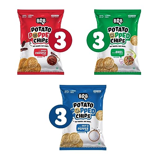 Image of BRB Popped Potato Chips | Not Baked, Not Fried | 9 Packs X 48 Grams | 3 Flavours - Bhel (3), Sweet Chipotle (3), Salt & Pepper (3) | 60% Less Fat | Low Calorie | Healthy Snack