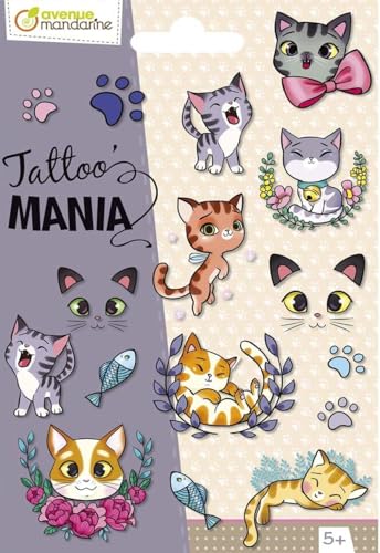 AVENUE MANDARINE - Hoja de 10 tatuajes temporales para niños - Gatos - 1 hoja de tatoos de 12,8 x 9 cm - A partir de 5 años - CC056C Tattoo' Mania