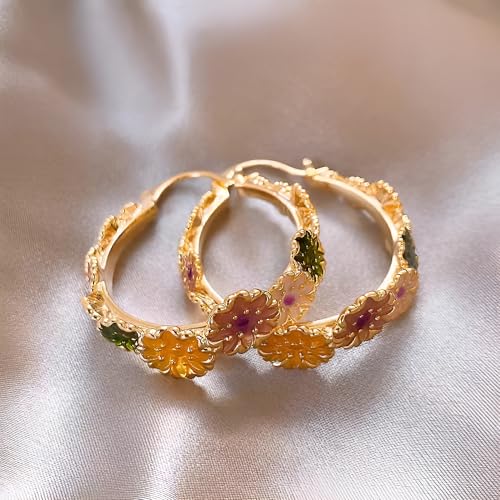 Chunky Gold Flower Hoop Earrings for Women Trendy Colorful Floral Earrings Statement Earrings Vintage Boho Jewelry4