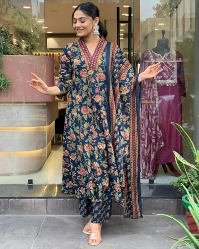Image of GoSriKi Women's Rayon Viscose Anarkali Printed Kurta with Palazzo & Dupatta