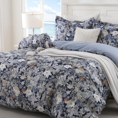 JOLLYVOGUE Duvet Cover Queen, 3Pcs Reversible Floral Bedding Set Navy Blue
