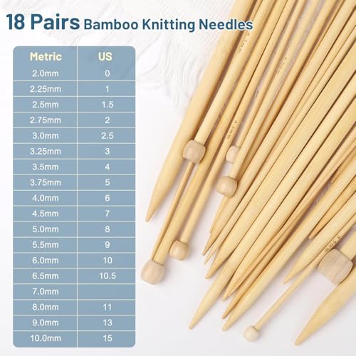 Image of Aeelike 18 Pairs Bamboo Knitting Needles Set - 14 Inches Wooden Knitting Needles Single Point with Roll Bag - Portable Knittings Needle Set for Beginners (2mm - 10mm)
