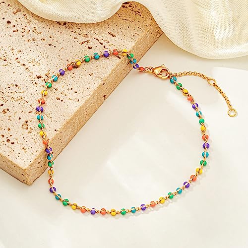 Image of MTMY Gold Anklets for Women 14K Gold Plated Tiny Bead Anklet Colorful Tassel Foot Chain Dainty Adjustable Cute Summer Beach Boho Anklets Jewelry Gift