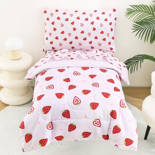 Image of lasoftan Toddler Bedding Set, 4 Piece Bed-in-a-Bag Toddler Bed Comforter Sets for Girls, Toddler Bed Set, Prink Strawberry Printed, Machine Washable