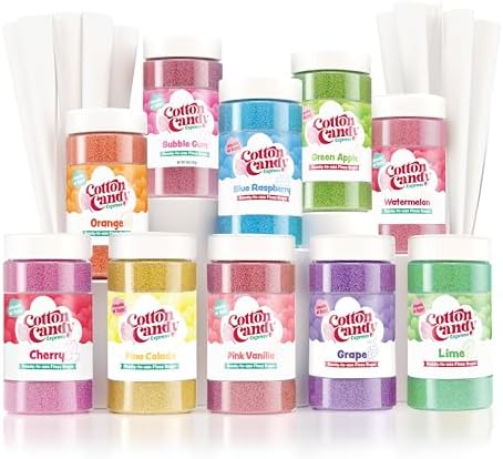 Cotton Candy Express Floss Sugar and Cones Variety Pack with 10 - 11oz Plastic Jars of Assorted Flossing Sugars, Plus 100 Paper Cones. Use With Cotton Candy Express Countertop Machine
