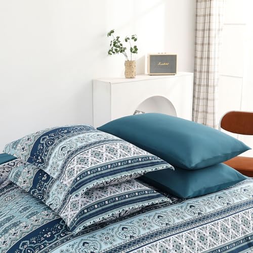 Image of Cottolester Boho Comforter Set King Size 8 Pieces, Teal Blue Comforter Bohemian Striped Bed in A Bag, Soft Microfiber Bedding Set for All Seasons
