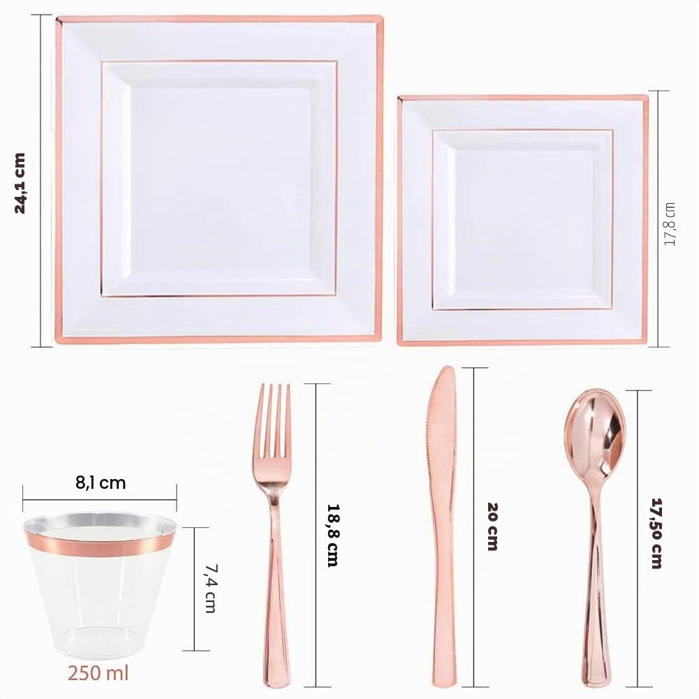 Servizio da tavola quadrato per 25 persone, in plastica oro rosa, con 150 pezzi di stoviglie riutilizzabili occasioni speciali, comprendenti piatti insalata, forchette, coltelli, cucchiai e tazze