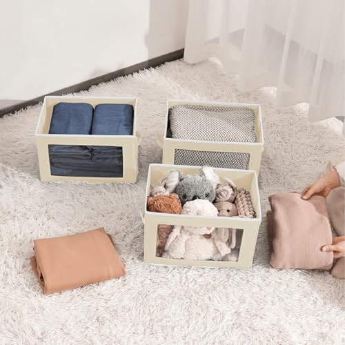 Image of Homsorout Fabric Storage Bins with Lids, Storage Cubes with Window, Decorative Storage Boxes Baskets for Organizing, Closet Organizer Storage Bins for Home, Office, 3 Packs, Beige
