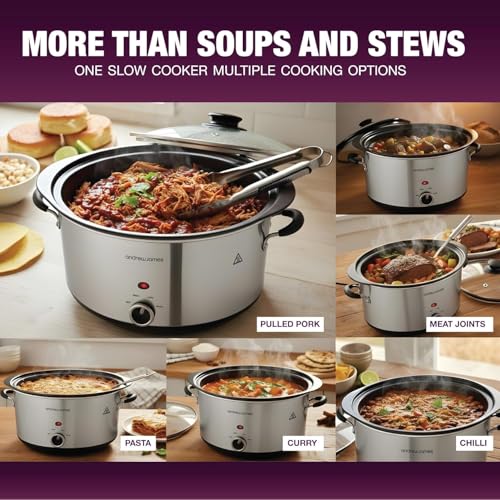 Image of Andrew James Slow Cooker Crock Pot - Sizzle to Simmer Digital Auto Setting with Tempered Glass Lid and Removable Crockpot in Silver 3. 5L