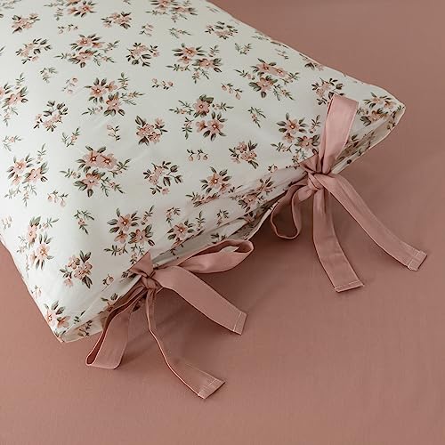 Pink White Duvet Cover Set Full 3 Pieces Blush Pink Flower Duvet Cover with 2 Bow Ties Pillowcases,Cottagecore Bedding Set 100% Cotton Vintage Country Comforter Cover without Filling-80"x90"