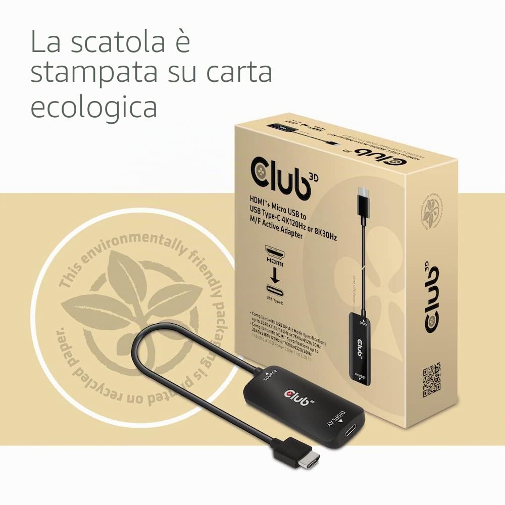 CLUB3D Adattatore attivo M/F da Micro USB a USB Type-C 4K120Hz o 8K30Hz CAC-1336 HDMI™+