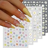 6 Sheets Daisy Nail Art Stickers, Charming Flower Chrysanthemum 3D Trendy Design Self-Adhesive Spring Nail Art Decals, DIY Manicure Decoration Supplies Accessories for Women Girls