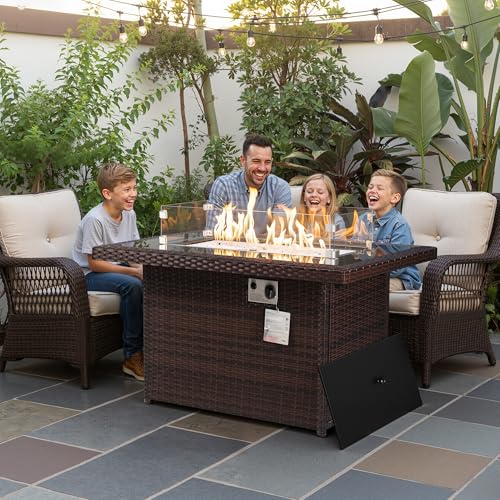 NICESOUL Wicker Outdoor Fire Pit Table Natural Gas/Propane, 43\'\' Rectangular Firepit Table for Outside, 60000 BTU Patio Fireplace Tables with Windguard&Glass Rocks&Cover, Modern CSA Firepits, Brown - Thumbnail 4