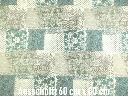 Jacquard Flachgewebe Möbelstoff Klassik Perlweiss/Grün/Petrol im Patchwork Design