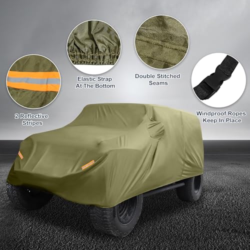 Image of Car Cover Waterproof All Weather with Driver Door Zipper for Jeep Wrangler JK JL 4 Door 2007-2021 / Full Exterior Cover /Durable 210D Oxford Cloth / 1Pcs Dark Green