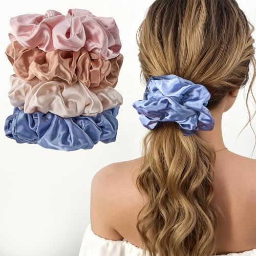 Lolalet 4 Grand Chouchous Cheveux en Satin Diamètre 15CM, Grosse Élastique en Soie Scrunchie, Chouchou Cheveux Colorés pour Femme Fille Cheveux Épais/Fins/Bouclés...