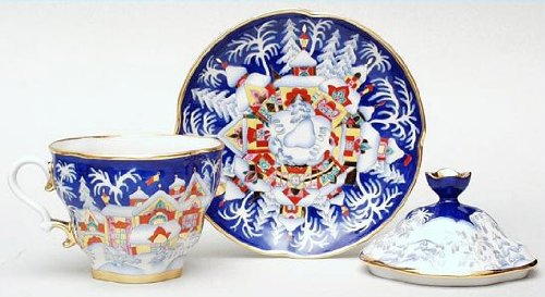 Lomonosov Porcelain Covered Cup Set Gift-2 Winter Fairy Tale 8.45 oz/250 ml